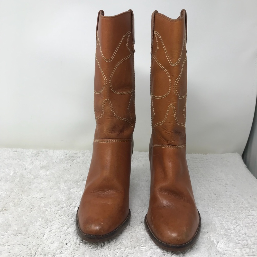 Vintage Mid Calf Brown Leather Heeled Boots Sz 6.5 - Picture 2 of 8